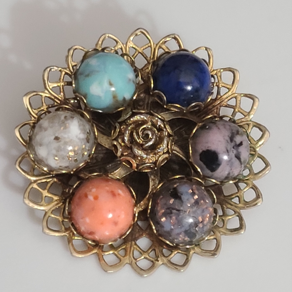 Vintage Art glass brooch filigree Schreiner style haskell Era gold estate 60's